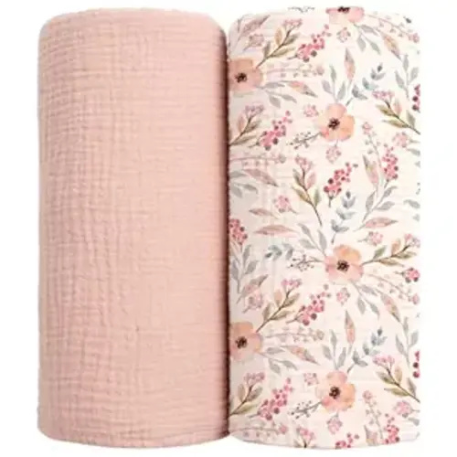 lulumoon Muslin Swaddle Blankets for Baby: Soft Cotton Newborn Receiving Blankets - Floral Print Nursery Gift Set for Baby Girls(Pink Flower)