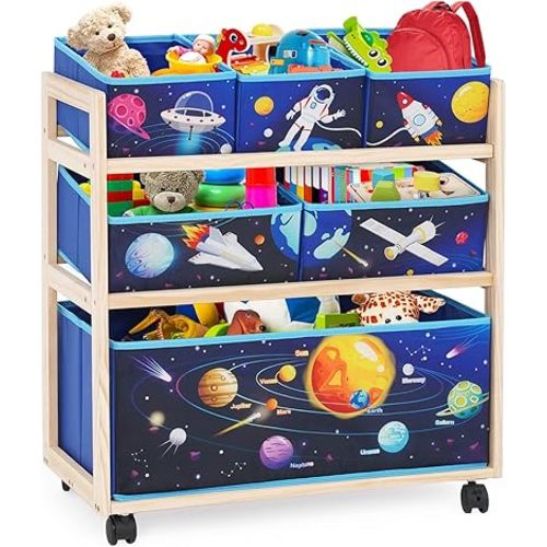 kids Toy Storage Organizer with Wheels, Utility Rolling Cart with Large Storage Capacity for Bedroom, Toy Room, Playroom - Hold Toys, Books, Blankets (Blue)
