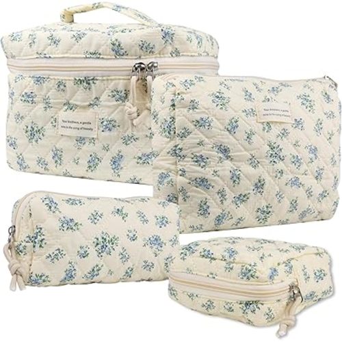 VIWIME Makeup Cosmetic Bag, Large Cotton Quilted Travel Coquette Aesthetic Cute Floral Make up Bag for Women Toiletry Bag Organizer (203- Blue Rose / 4Pcs)