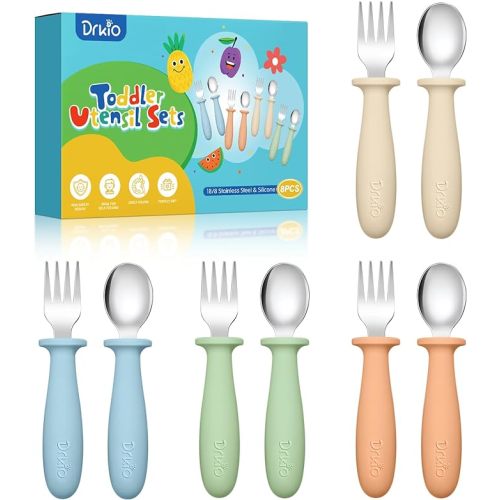 DRKIO 8 Pieces Toddler Utensils Set - Kids Silverware Set with Silicone Handle Children Safe 18/8 Stainless Steel Forks and Spoons Anti-Choke Design Food Grade Dishwasher Safe
