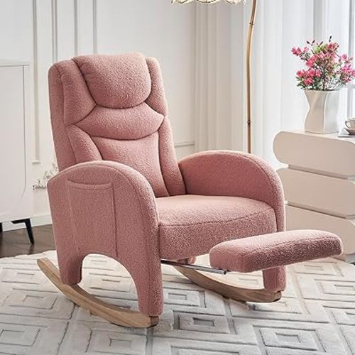 FOXHUNTER Rocking Chair Nursery, Modern Glider Chair with Adjustable Footrest and Solid Wood Legs, High Backrest Nursery Chair with Side Pocket, Rocker Armchair for Living Room Bedroom, Teddy Pink