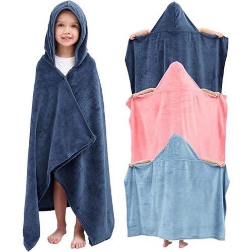 Hiturbo 3Pcs Kids Fleece Hooded Towel: Soft Plush Warm Blanket - 50"x30" Pool Beach Bath Swim Towel Wrap for 3-12 Yrs (Navy+Blue+Pink)