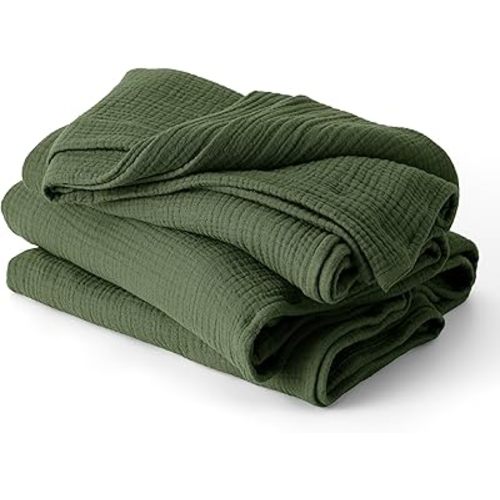 Bedsure 100% Cotton Muslin Blanket Queen Size for Bed - 4-Layer Breathable and Lightweight Thin Soft Summer Gauze Muslin Blankets for Adults, Olive Green, 90x90 Inches
