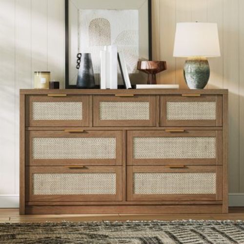 Rattan 7 Drawers Dresser for Bedroom, Wide Chests of Drawers with Golden Handles, Wood Drawers Storage Organizer, Farmhouse Closet Dresser TV Stand