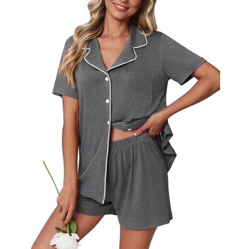 Ekouaer Pajamas Set for Women 2 Piece Pjs Short Sleeve Sleepwear Button Down Lounge Shorts Sets S-XXL
