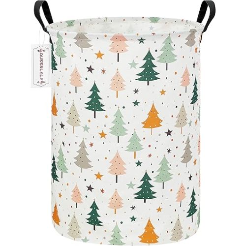 QUEENLALA Large Storage Basket,Laundry Hamper/Bathroom/Home Decor/Collapsible Round Storage Bin,Boys and Girls Hamper/Boxes/Clothing(Round-pine tree)