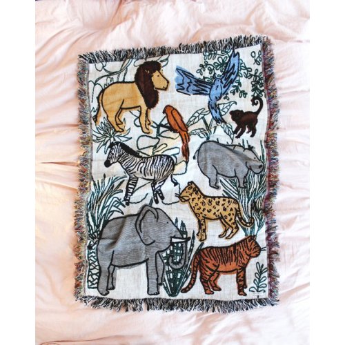 Into The Jungle Mini Blanket - Colorful Cotton Throw With Wild Animals Plants Pattern - Kid's Jungle Theme Room Party  Gifts For Baby Shower