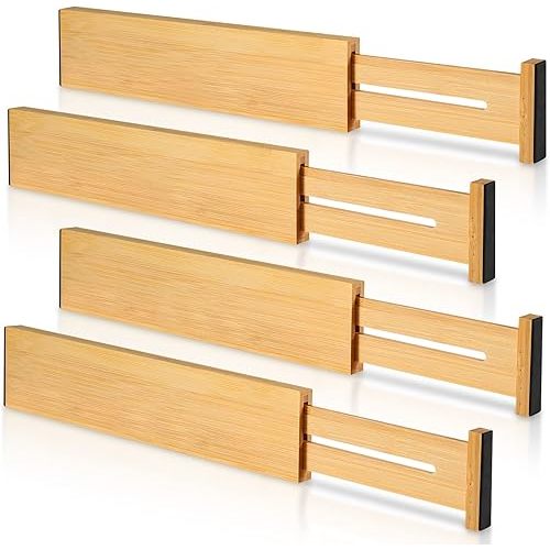 4 Pack Bamboo Drawer Dividers, Adjustable Length from 12 Inch to 17 Inch, Expandable Kitchen Drawer Organizer, Drawer Organization Separators for Clothes, Kitchen, Bedroom, Dresser, Office (Beige)