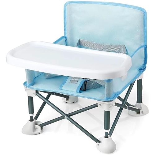 PandaEar Portable Travel Booster Seat with Tray| Folding Baby Seat Booster High Chair for Dining Table| Compact Camping Chair for Lawn, Beach Indoor/Outdoor Use| Toddlers, Kids (Light Blue)