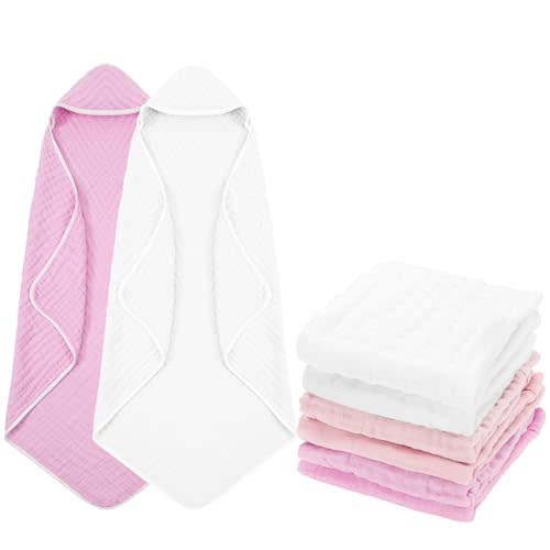 Peryiter 8 Pack Muslin Hooded Baby Bath Towels and Wash Cloth Set Soft Cotton Gauze Baby Hooded Bath Towel Wipes Absorbent Bath Face Towels Burp Cloths Face Towels for Girl Boy(Pink Series)