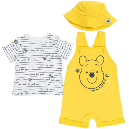 Disney Winnie the Pooh French Terry Short Overalls T-Shirt and Hat 3 Piece Outfit Set 12M