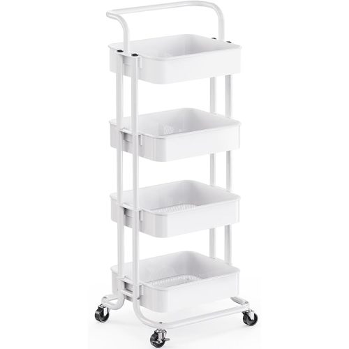 Pipishell 4 Tier Mesh Utility Cart, Rolling Metal Organization Cart with Handle and Lockable Wheels, Multifunctional Storage Shelves for Kitchen Living Room Office White, PIUC12W