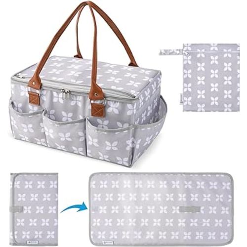 Moteph Diaper Caddy Organizer - Baby Caddy with Lid & Changing Mat, Car Diaper Caddy, Large Nursery Storage Diaper Tote Basket for Changing Table with Zip-Top Cover, Great for Baby Showers - Grey