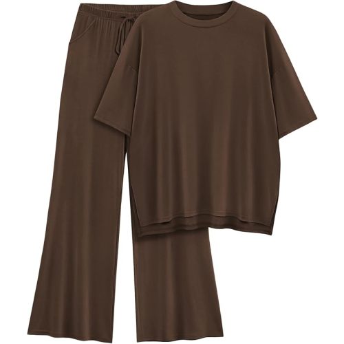 Womens Lounge Set 2026 Summer 2 Piece Outfits Oversized Short Sleeve Tops & Wide Leg Pant Matching Sets Clothing