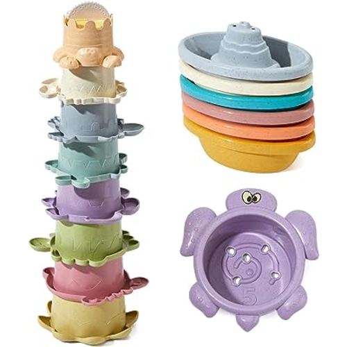 Bath Toys Floating Boats with Stacking Cups, 14-Piece Water Table Toys for Toddlers 1-3/Infants 6-12-18 Months Bathtub Toys, Baby Pool Toys, Shower Toys, Beach Toys Baby Girl Boy Present