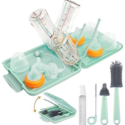 Maclined Travel Baby Bottle Brush Cleaner Kit with Silicone Bottle Brush, Nipple Cleaner Brush,Straw Brush,Bottle Drying Rack Compact Size Baby Essential for Newborn & Moms