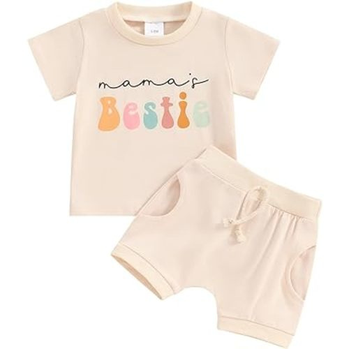Kupretty Baby Girl Summer Clothes Mama's Bestie Short Sleeve T-shirt Tee Tops + Solid Shorts Toddler Clothing Set