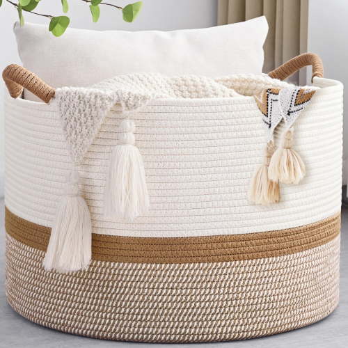 Large Blanket Basket(21“x13”),Storage Basket for Organizing, Dog Toy Bin,baby laundry basket,Cotton Rope Blanket Basket for Living Room, Laundry, Nursery, Pillows (White and Brown)