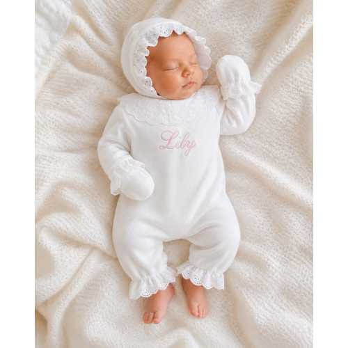 Personalized Baby Girl Lace Romper Set, Embroidered Newborn Outfit with Bonnet and Blanket