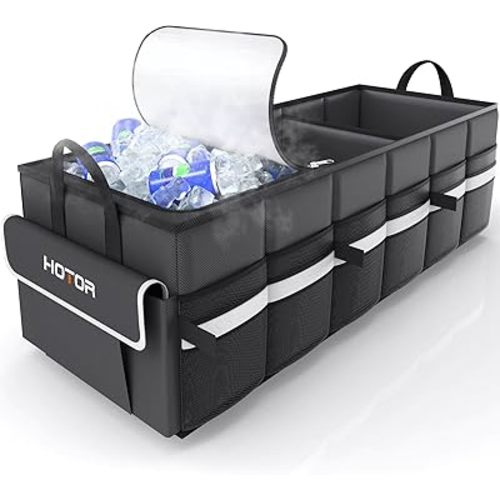 HOTOR Trunk Organizer - Car Organizer with Built-In Leakproof Car Cooler, Collapsible Trunk Organizer with Cooler for SUV, Sedan, with Base Panel (3 Compartments, Black),31.9"×12.6"×10.6"