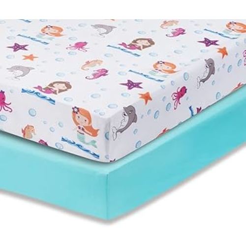 Everyday Kids 2 Pack Fitted Girls Crib Sheet, 100% Soft Breathable Microfiber Baby Sheet, Fits Standard Size Crib Mattress 28in x 52in, Nursery Sheet - Mermaid/Aqua