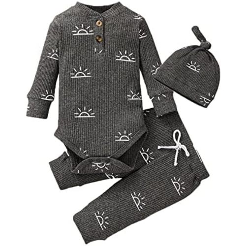 Newborn Infant Baby Boy Clothes Print Long Sleeve Bodysuit + Pants + Hat 3 PCS Outfits Set