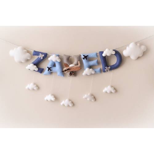 5 letters/symbols. Baby name sign, Airplane and Clouds nursery decor, felt name banner, baby shower gift, baby boy gift, nursery wall art