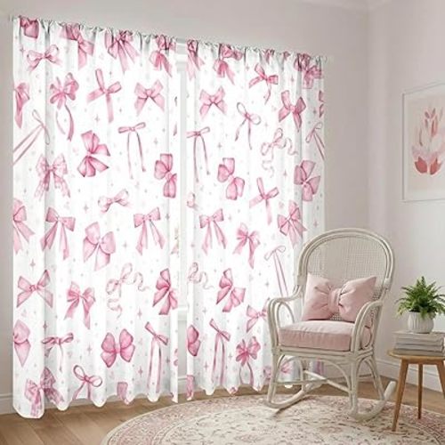 2 Pcs Pink Bow Curtains for Living Room Pink Bow Curtains 52 x 84 Inches Cute Coquette Girls Window Drapes Wedding Bedroom Party Decor