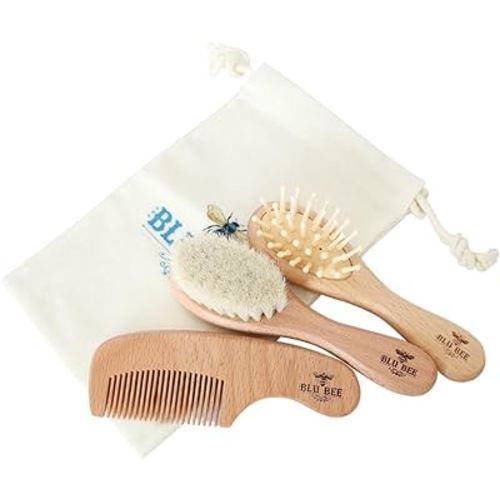The Hat Pros Wooden Baby Hairbrush & Comb Set | Soft Goat Hair Brush for New Born & Toddlers, Prevents Cradle Cap, 3-in-1 Gift Set for Baby Shower Celebrations