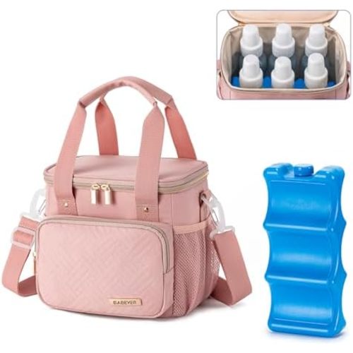 Breastmilk Cooler Bag with Ice Pack Fits 6 Baby Bottles up to 9 Ounce, Breast Milk Pump Cooler Bag for Nursing Mom Daycare, Work, Travel-Pink