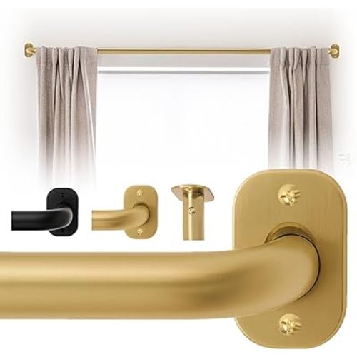 Blackout Curtain Rod Wrap Around Design, Adjustable 66-120 Inches, Wall/Ceiling Mount, 1 Inch Diameter, Room Darkening French Return Heavy Duty Metal, Modern Minimalist Bracket, Brushed Gold