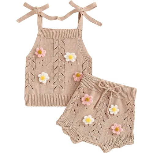 Toddler Girl Fall Outfits Knit Baby Clothes Tie-up Camisole With Elastic Waist Shorts 2 Pcs Clothing Set