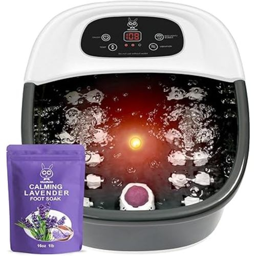 Foot Spa Bath Massager with Heat Bubbles and Vibration Massage and Jets, 16 OZ Calming Lavender Foot Soak Epsom Salt, MoodRelish Foot Soaker with Red Light, 22 Massage Rollers, Adjustable Temp - Black