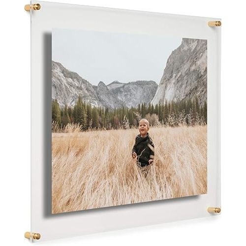 16x20" Clear Double Panel Floating Acrylic Picture Frame Display with Gold Hardware for Displaying Art and Photos on Wall