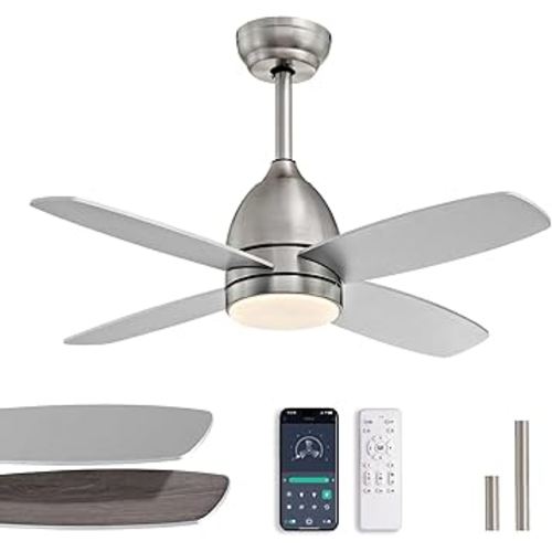 Ceiling Fans with Lights and Remote, 38" Low Profile Ceiling Fan with Quiet Reversible DC Motor, 6-Speed, Dimmable 3-Color LED, Nickel Ceiling Fan for Bedroom, Patio, Indoor and Outdoor