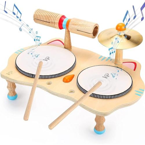 oathx Kids Drum Set All in One Montessori Musical Instruments Set Toddler Toys Natural Wooden Music Kit Baby Sensory Toys Months Birthday Gifts for Girls Boys