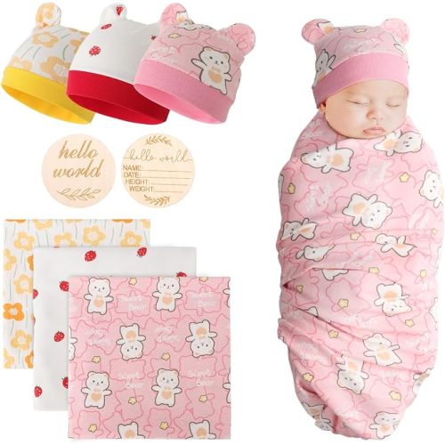 3 Sets Cotton Baby Swaddle Blankets Wrap with Cute Bear Ears Hats Wooden Birth Announcement Card Soft Nursery Receiving Swaddles for Newborn Infant Girl Boy 0-3 Months