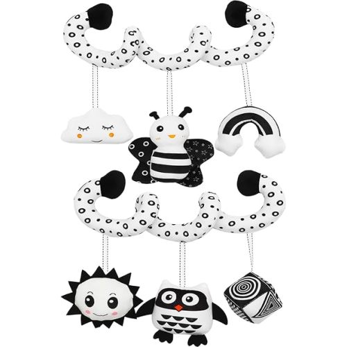 ONEST 2 Pieces Baby Spiral Hanging Stroller and Car Seat Toys Newborn Plush Activity Toys Black and White High Contrast Sensory Toys Baby Bed Bassinet Crib Carrier Gifts for 0-12 Months Baby