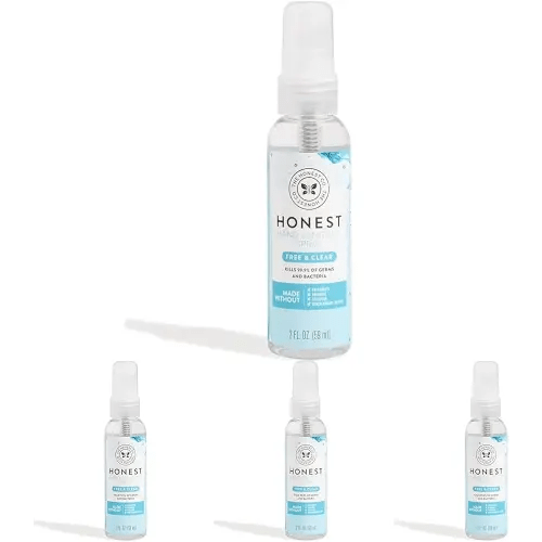 The Honest Company Plant-Based Hand Sanitizer Spray | Kills 99.9% of Germs | Hypoallergenic, Quick-drying + Moisturizing | Fragrance Free, 2 fl oz (Pack of 4)