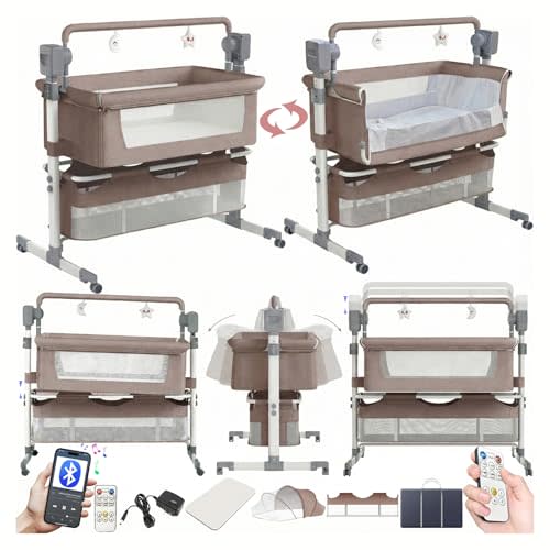 Electric Bluetooth Smart Baby Bedside Bassinet, Baby Bassinet Bedside Sleeper, Next to Me Crib with Wheels, Foldable Co-Sleeping Bed Bassinet for Newborn with 5 Swaying Gears and Remote (601 Khaki)