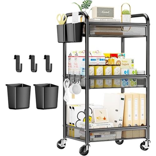 YASONIC 3 Tier Rolling Cart – Metal Utility Storage Carts with Wheels, Craft Cart Organizer with Hanging Cups, Hooks, Mesh Basket for Bedside Kitchen Office Art, Black
