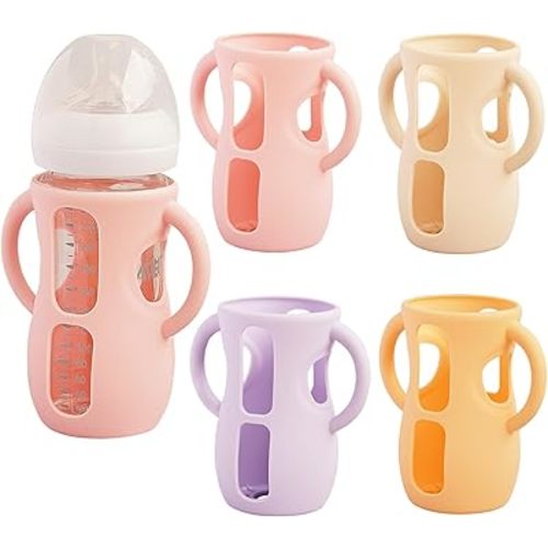 4 Pack Silicone Sleeves for Avent Natural Glass Baby Bottles, Anti Breakage Bottle Holder, Compatible with Philips Avent Glass Natural Baby Bottles (Apricot+Pink+Purple+Orange, 8 OZ)