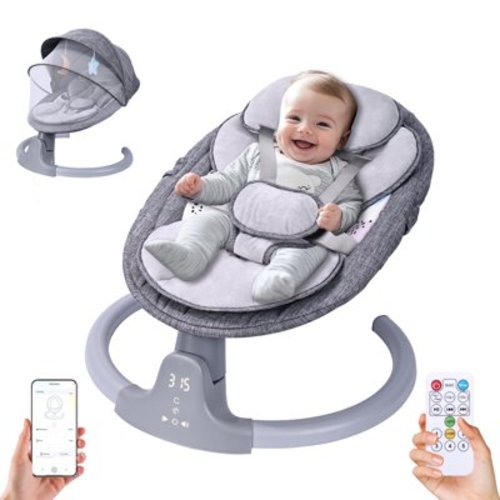Baby Swing,HDJ Baby Swing for Infants,Portable Electric Baby Rocker with 5 Sway Speed,10 Preset Songs,Remote Control,Bluetooth Music,Grey