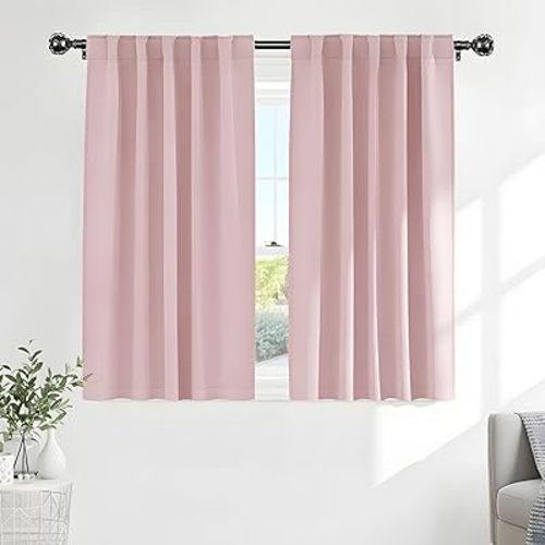 PONY DANCE Kitchen Curtains Short - Thermal Insulated Window Covering Curtain Panels with Rod Pocket/Back Tab Light Block for Bathroom, Wide 42 by Long 45 Inches, Blush Pink, 2 Pieces