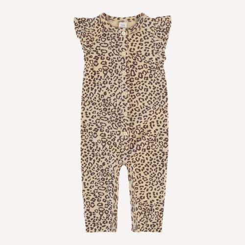 sleeveless ruffle arm button sport jumpsuit | deep taupe leopard | organic cotton interlock