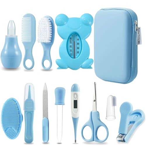 PandaEar Baby Healthcare and Grooming Kit, Baby Safety Set Baby Comb, Brush, Finger Toothbrush, Nail Clippers, Scissors, Nasal Aspirator, Baby Essentials Nursery Care Kit (13-in-1 Blue)