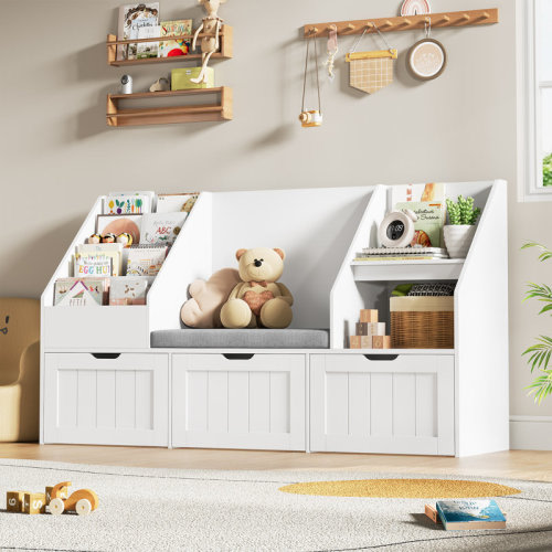 Winston Porter 55.1" W x 31.5"H 3-IN-ONE Kids Bookcase with 3 Drawers, Soft Cushion, 4-Layer Bookshelf, Reading Nook & Reviews | Wayfair