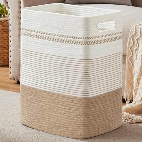 Laundry Hamper, Large Woven Rope Tall Laundry Basket with Handles, 22" X 17" X 13", Decorative Storage Basket for Clothes and Blankets in Living room, Bedroom, Jute & White