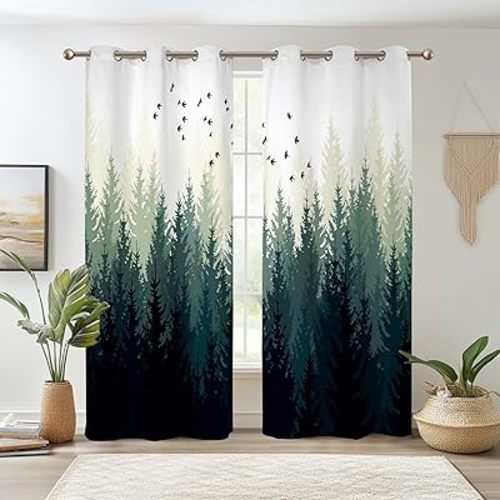 Renaiss Green Forest Blackout Curtains, Nature Wooland Room Darkening Curtains for Bedroom Grommet Top Pine Forest Mountain Window Drapes for Living Room, 29Wx45L inch 2 Panels Set