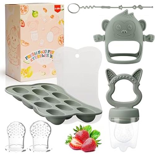 Baby Teething Relief Toys, Fruit/Food Feeder with Breastmilk Popsicle Molds & Teether Combo Food Grade Silicon for 6M+ Breastmilk Pops, Frozen Fruit, Teether Toys for Baby Gift(Green)